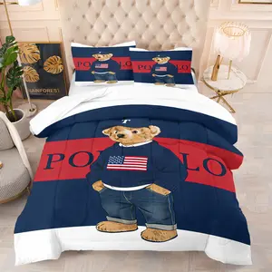 Teddy bear printed pattern bedding set, including 1 blanket and 1 or 2 pillowcases without pillowcases, soft children's or adult bedroom decoration gift, Soft Bedding Sets