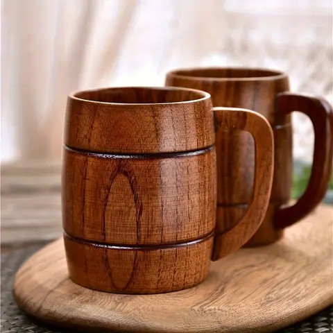 Solid Wood Barrel Mug, With Ergonomic Handle Heat Insulated Wooden Coffee Beer Mug, Large Capacity Food Safe Multipurpose Drinking Cup, Coffee Mugs, Ideal Gift for Party Gathering Home Bar
