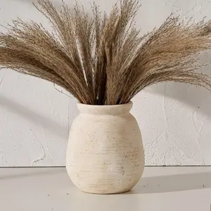 Ceramic Rustic Farmhouse Vase | 7.3-Inch Pottery Decorative Flower Holder for Home Decor | Sand Glaze Finish Boho Vase for Table, Living Room, Bathroom, Shelf, and Mantel Decoration in White.
