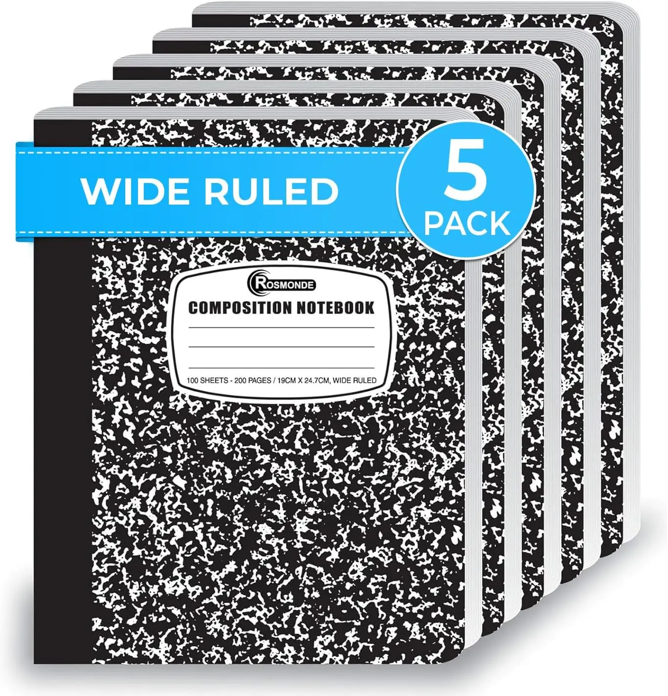 Rosmonde 5 Pack Wide Ruled Composition Notebook, Black Marble Notebooks | Wide Ruled Notebook, 200 Pages (100 Sheets), 9-3/4 x 7-1/2, Hard Cover Notebooks for School, College & Office Supplies