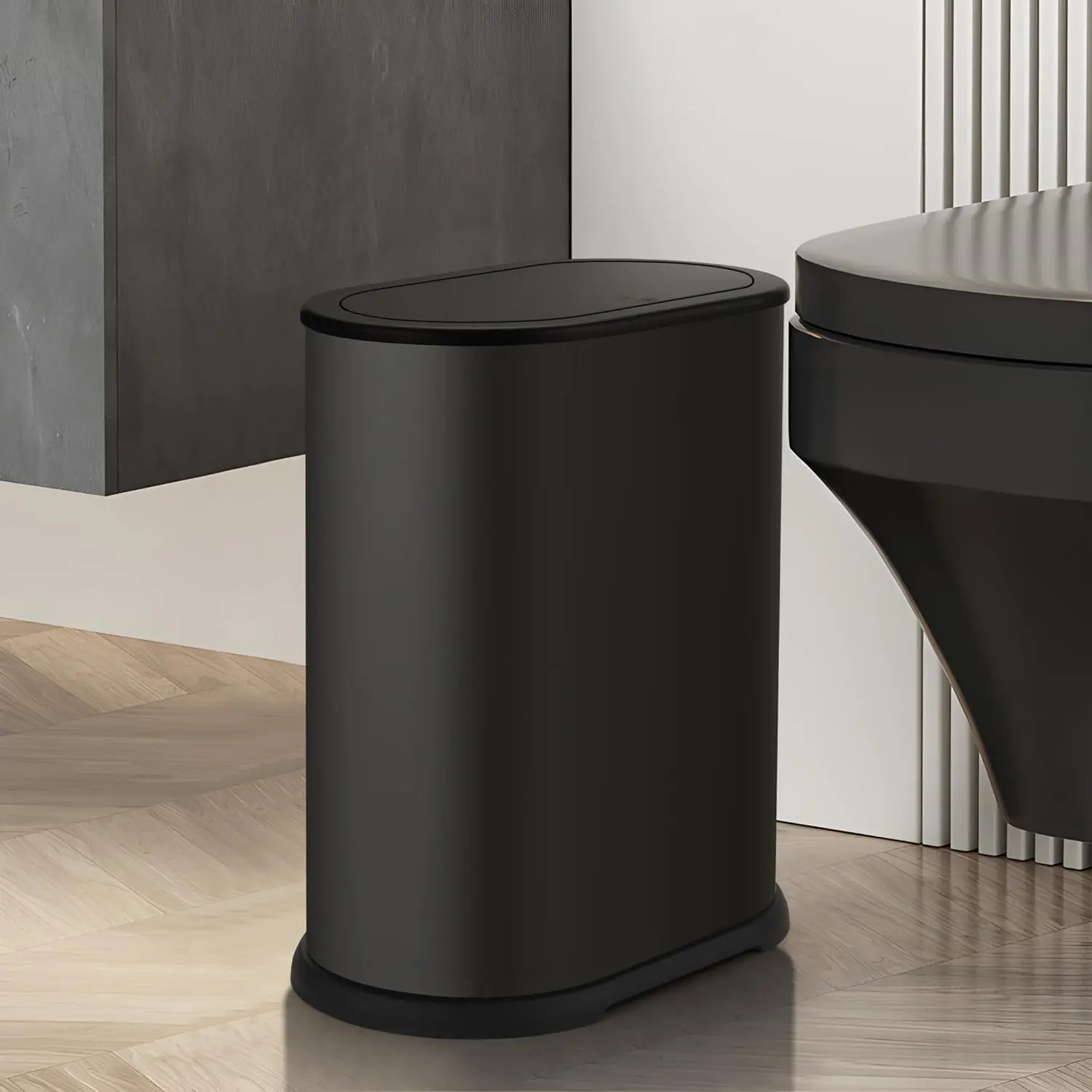 Stainless Steel Bathroom Trash Cans 1.8 Gallons Small Garbage Can with Pop up Lid, Metal Narrow Wastebasket, Slim  Litter Trash Bins Set for Bedroom, Toilet, Office (Black)