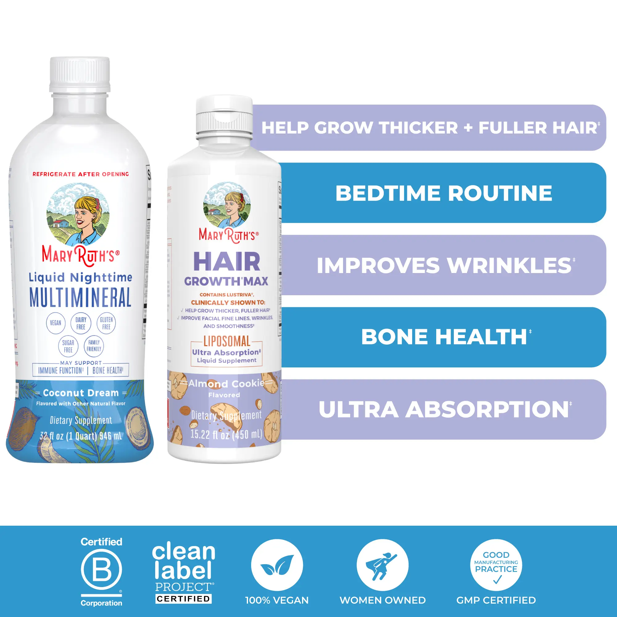 MaryRuth's Hair Growth + Nighttime Routine Bundle - Hair Growth Max Liposomal & Liquid Nighttime Multimineral
