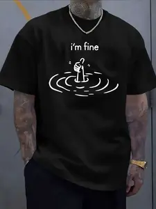 Men'S Funny Graphic Oversize T-shirt |   I'm Fine Message with Floating Hands Design, Lightweight Summer Tee in Royal Blue, Stretchy Round Neck, Casual, Machine Washable, Breathable Material, Printed Top for Young Adults