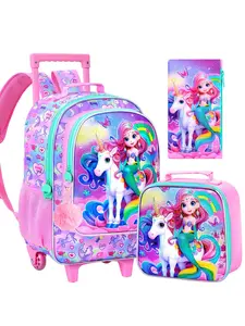 Girls Rolling Backpack, Cute Mermaid Roller Wheels Kids Bookbag - Wheeled Elementary School Bag - 3PCS Mermaid