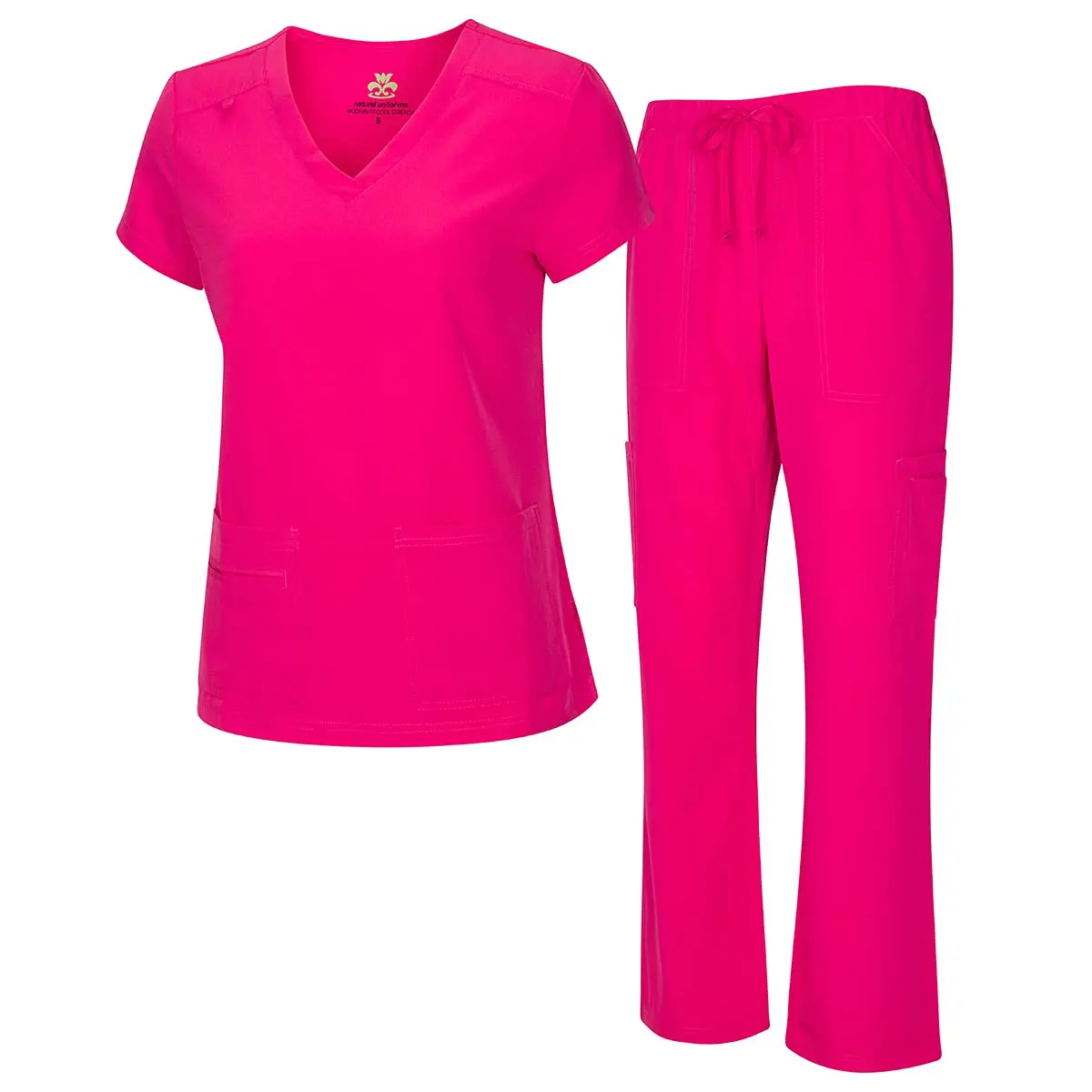 Natural Uniforms Women's Cool Stretch V-Neck Top and Cargo Pant Set (Hot Pink, Medium-Petite)