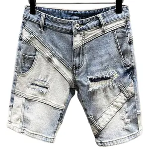 Men's 2-Tone Washed Patchwork Distressed Denim Shorts - summer Diagonal Splicing, Frayed Ripped Details, Button-Zipper Fly, Multi-Pocket, Knee-Length Vintage Streetwear for Daily Fashion Outfits #SummerWins jean men
