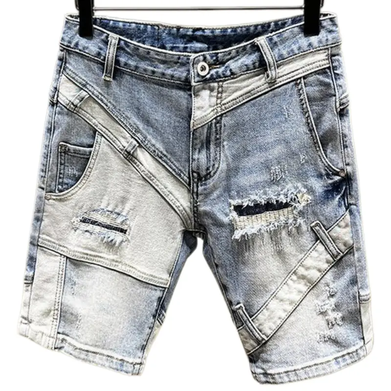 Men's Ripped Cotton Denim Shorts, Vintage Streetwear Style with Color Block Patchwork and Multi-Pocket Button Front, Menswear, Chic, Casual, Fashion, All Seasons, Cold Wash, Stylish, Distressed Ripped Men's Shorts, Street Chic, Denim Pattern Men's Shorts