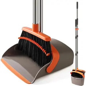 Durable Broom and Dustpan Set with 52" Adjustable Long Handle, Stand Up Broom with Dustpan Combo Set for Heavy Duty with Dustpan Teeth to Clean Hair for Home Kitchen Office Hall Floor