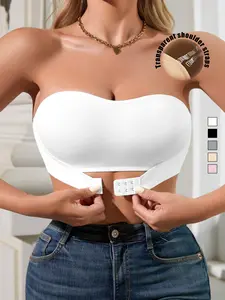 Women's Strapless Front Buckle Push-Up Bra, Backless Full Coverage Comfortable Breathable Fit Everyday Wear, No Steel Cup, Casual Style Underwear