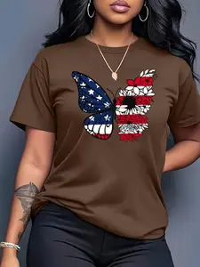 Women's Patriotic Butterfly Floral Casual Short Sleeve Round Neck cotton T-Shirt, American Flag Design, Soft Fabric, Spring Summer Top