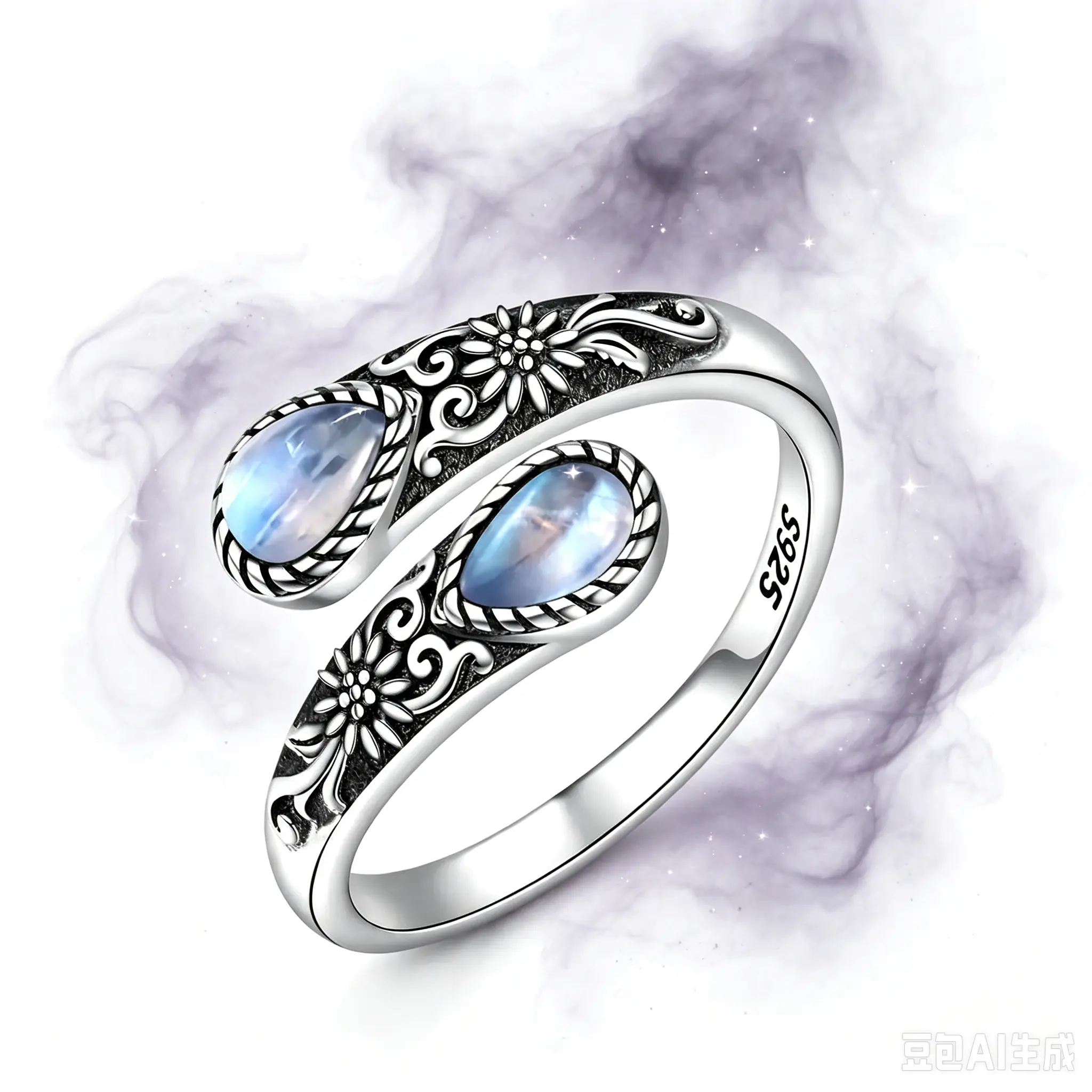 Vintage Floral Engraved Moonstone Adjustable Open Ring for Women - Retro Silver Tone Thumb Ring, Hypoallergenic Daily Jewelry Gift