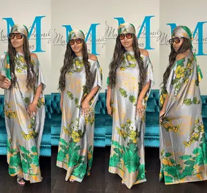 Vacation Vibes Kaftan Maxi Dress with Matching Scarf  -  Silver Green Black Blend