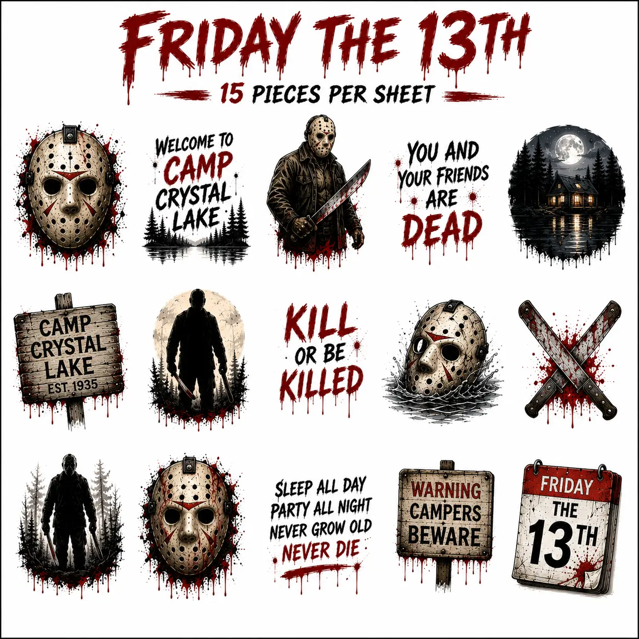 Friday the 13th Temporary Tattoo Set, 15 Pieces, Halloween Horror Tattoos, Hockey Mask Body Stickers, Horror Movie Inspired Temporary Tattoos for Adults & Teens, Halloween Party Costume Accessories