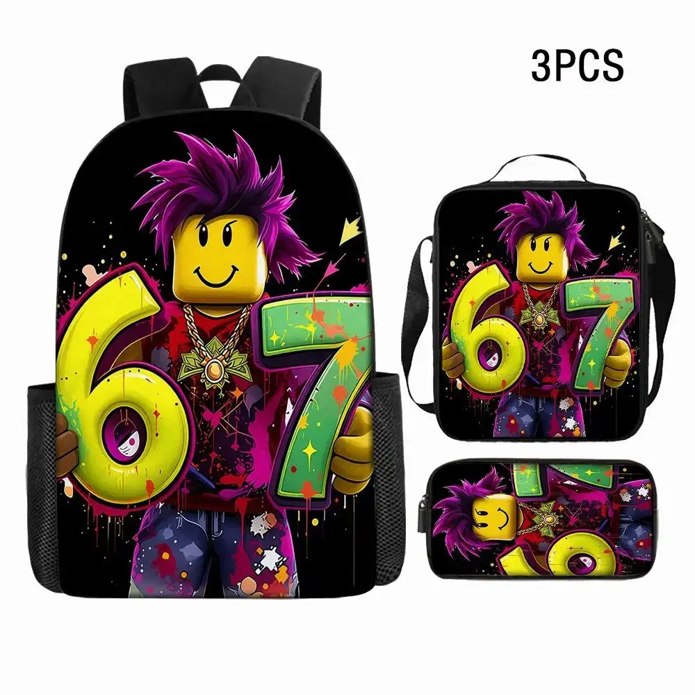Roblox Style "67" Graffiti 3-Piece Backpack Set, Street Art Print School Bag + Lunch Bag + Pencil Case, Oxford Cloth Adjustable Strap Daypack for Gamers & Kids