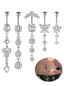5PCS Belly Button Rings Dangle Butterfly Flower CZ for Women 14G Navel Piercing Jewelry Set Stainless Steel Body Piercing Jewelry Belly Hoops for Beach Festival Daily