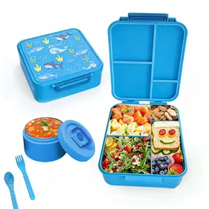 🚀🐳🚗Blue children's lunch box, 4-compartment sealed and fresh-keeping food-grade children's lunch box with soup bowl and soup container, comes with fork and spoon. The soup cup inner liner is made of stainless steel, cute and interesting