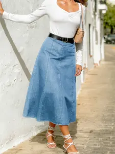 Women's High-Waisted Denim Skirt, Spring & Fall Casual Style, Fitted Design, Solid Color, Long Umbrella Cut, Perfect for Daily Wear