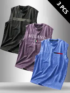 Men's Summer Letter Print Sleeveless T-Shirt, 100% Cotton Round Neck Vest, Casual Street Style, Outdoor Fashion, 3 Pack Streetwear