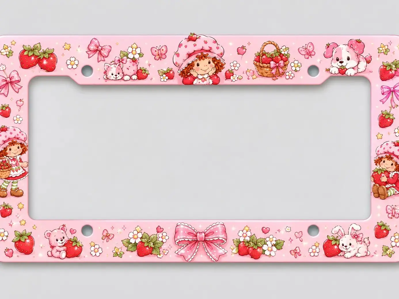 Strawberry Shortcake License Plate Frame – Cute Pink Strawberry Car Tag Holder, Kawaii Cartoon Vehicle Frame, Front & Rear Auto Accessory Gift