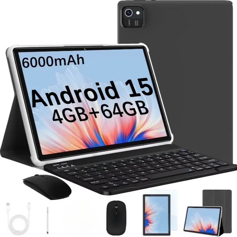 Android 15 Tablet, Bundled Tablet Quad-core Processor RK3562, 4GB Memory + 64GB Storage (supports 1TB Expansion), 6000mAh Battery Capacity, 2MP+8MP Dual Camera, 1280*800 IPS Screen, Full Keyboard Set, Office Tablet Charging Cellphone  Rechargeable Usb