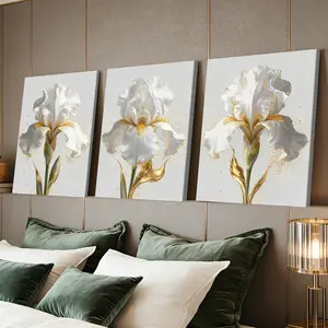3 Counts Wooden Framed Canvas Painting, Elegant White And Gold Iris Flower Images, Exquisite Poster, Perfect Gift, Decor For Living Room, Bedthroom, Modern Art, Fashion Family Poster, Wall Art Decoration
