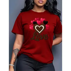 Women's Valentine's Day Short Sleeve Blouse with Leopard Heart Balloon Print - Soft Round Neck Loose Fit Top, S-XXL | Machine Washable Spring Summer Fall Casual Wear | Valentine Gift & Everyday Outfits | Comfortable & Breathable for Body
