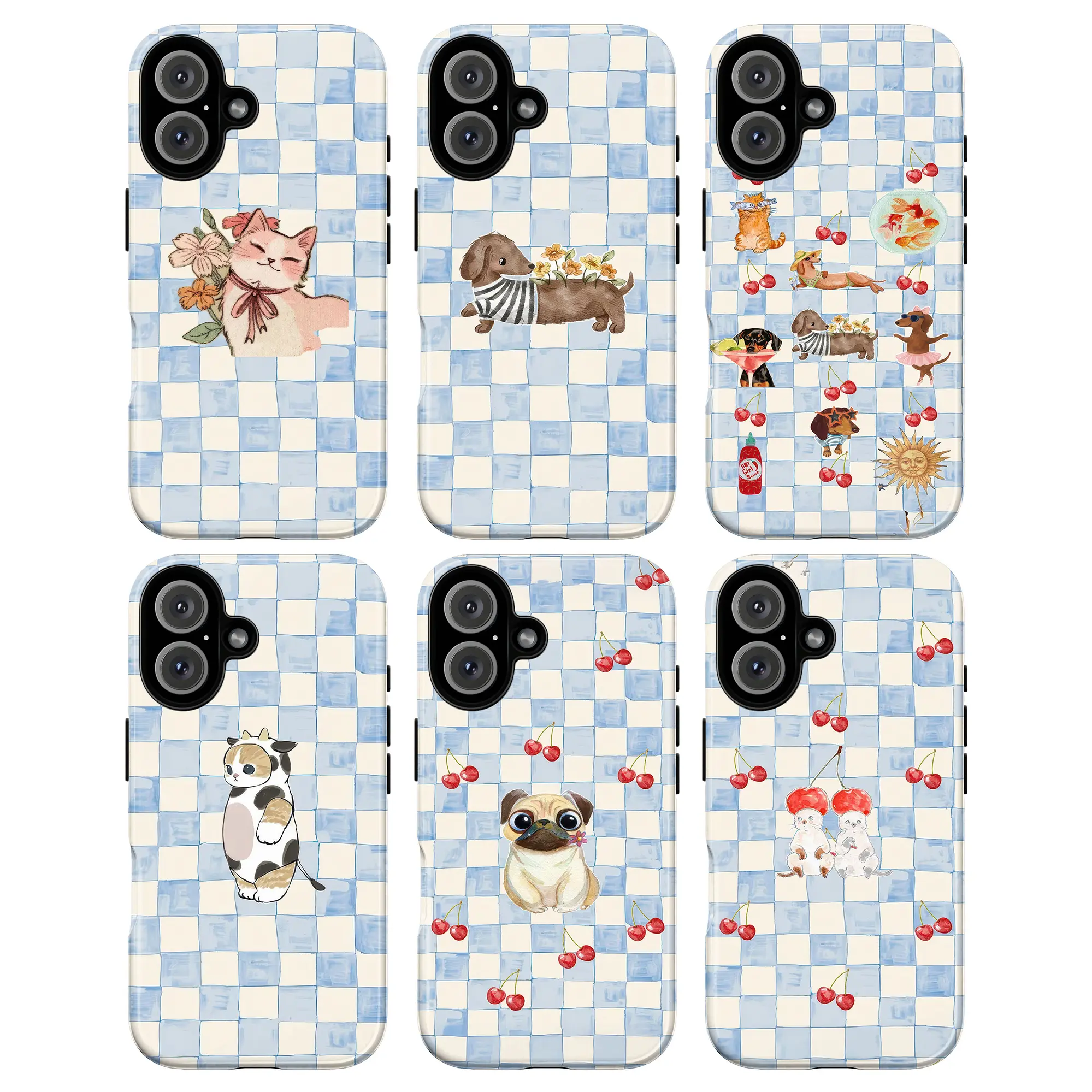 Durable Cute Checker Cherry Cat & Dog Phone Case - Polycarbonate Shockproof Protection Shell for iPhone 17 Series, 16, 15, 14, 13, 12, 11 Pro Max, Handheld Electronics Accessory Gift for Loved Ones