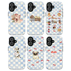 Cute Cat and Dog Tough Case, checker phone cover, cherry, gift for her for him, cute protective cover for iPhone 17 Pro Max 17 Air 17Pro 16 15 14 13 12 11 Pro Max