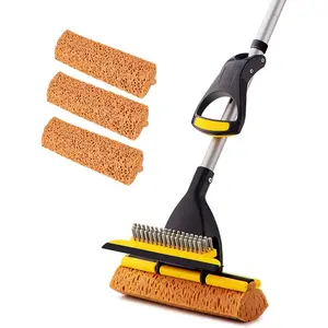 Sponge Mop  Commercial Use Tile Floor Bathroom Garage Cleaning Total 3 Sponge Heads  and Extendable Telescopic Long Handle 42.5 to 52 Inches Easily Dry Wringing Only 3 Heads