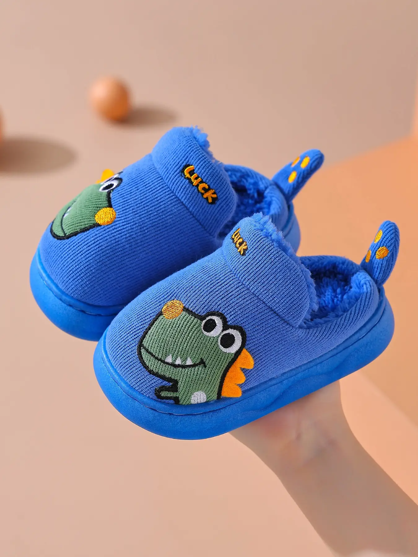 Cute Baby Dinosaur Plush Slippers for Boys & Girls, Anti-Slip Knitted Indoor Shoes for Autumn Winter Home Wear, Soft Textile Material