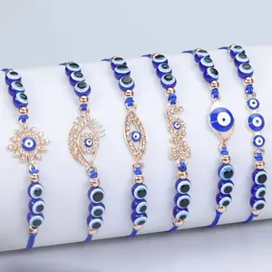 6Pcs Devil's Eye Alloy Bracelet Handwoven Sapphire Blue Resin Eye Beaded Hand Rope Set, Good Luck Bracelet
