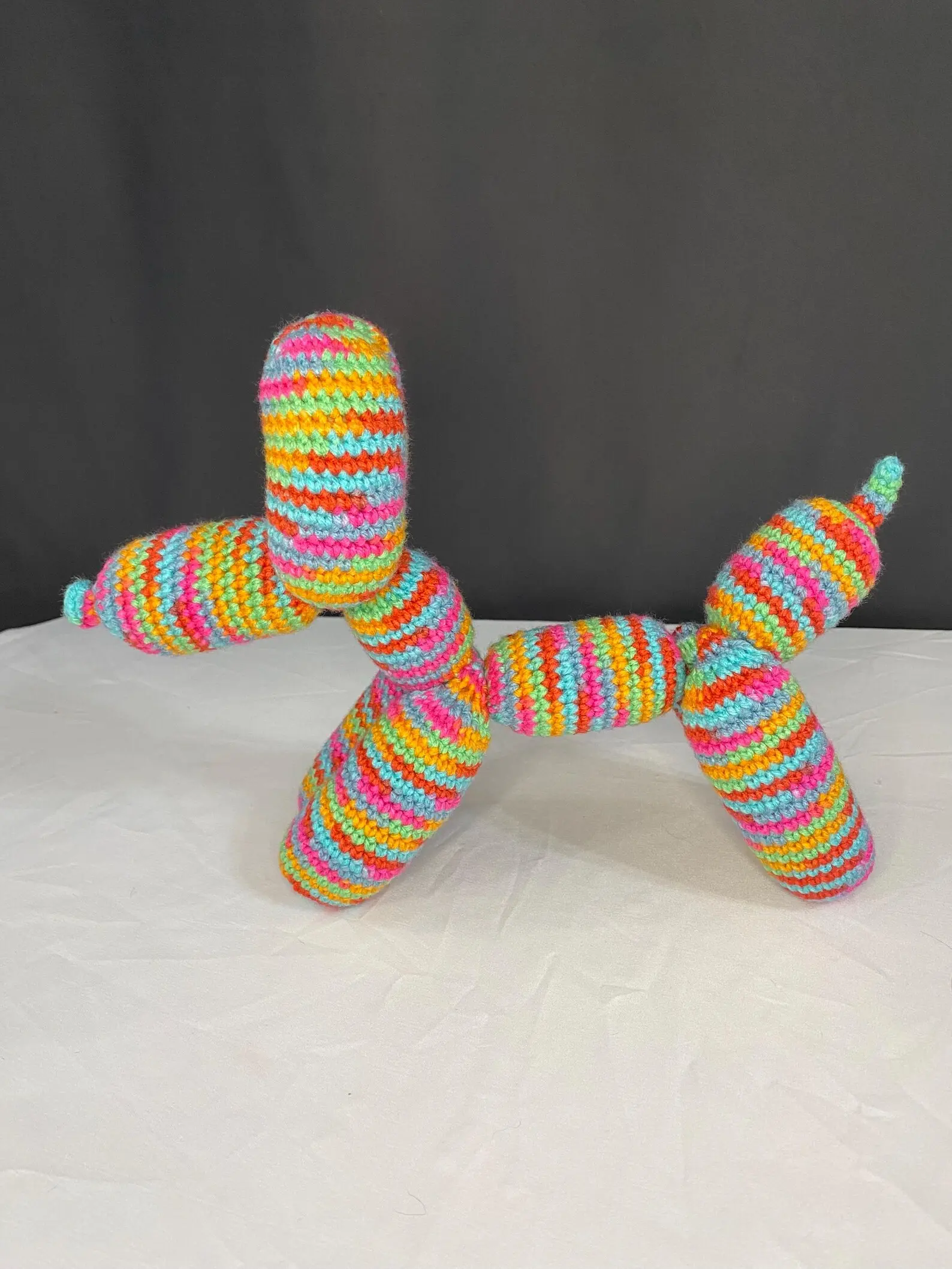 Crochet Rainbow Balloon Dog Multicolored Acrylic Yarn Stuffed Hypoallergenic Polyfil 14 Inch Plush Toy