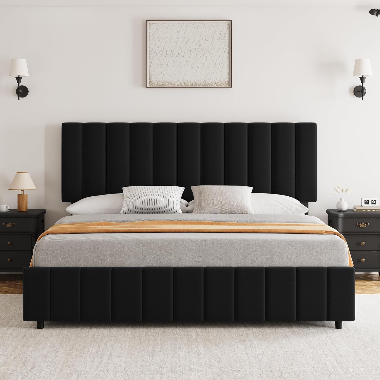 King Bed Frame, Linen Quilted Upholstered Platform Bed with Adjustable Headboard & 4 Storage Drawers, Sturdy Wooden Slats Support & No Box Spring Need