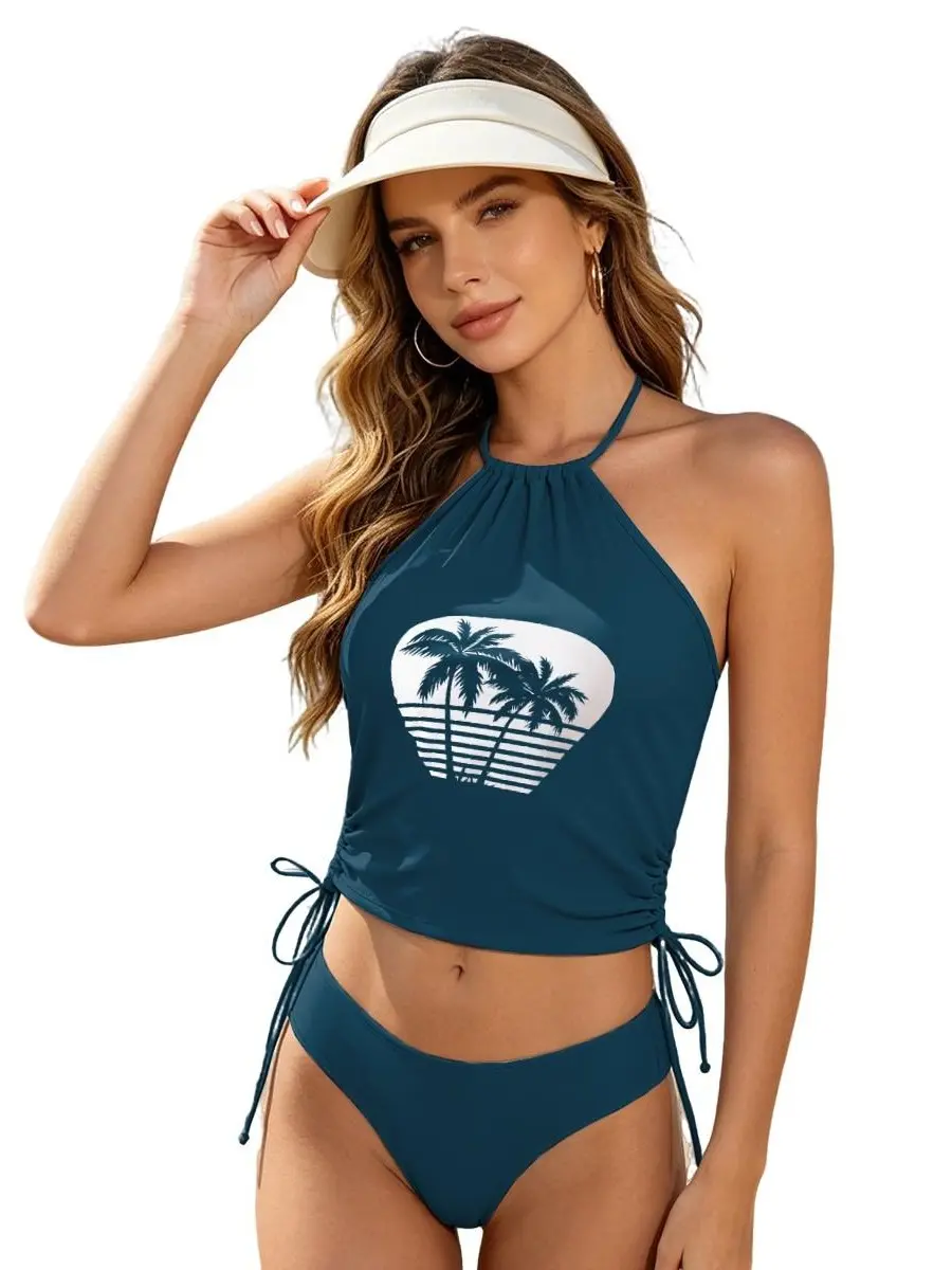 Women’s Retro Palm Tree Print Halter Neck Tankini Swimsuit Set - High Stretch Wrinkle-Resistant 2-Piece Bathing Suit, Modest Swimwear, XS-XXL, Bathing Suit Women Set, Swimsuits For Women summerwins
