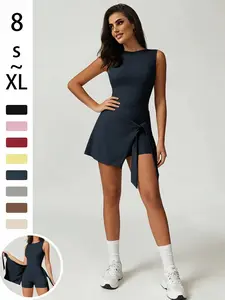 Women's Sporty Plain Dress, 2-In-1 Front Tie Wrap Dress, Sleeveless Round Neck, Above Knee, All Seasons, Tennis & Fitness, Workout Dress