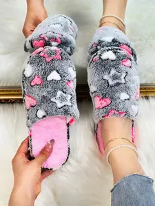 Women's Cute Cartoon Star & Heart Pattern Bedroom Slippers, Minimalist and Comfortable Indoor Bedroom Non-slip Slippers, Fluffy Warm Indoor Home Slippers, Valentine's Day Gift for Girls