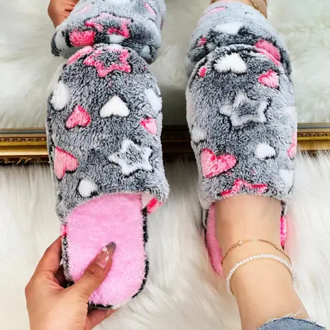 Women's Cute Cartoon Star & Heart Pattern Bedroom Slippers, Minimalist and Comfortable Indoor Bedroom Non-slip Slippers, Fluffy Warm Indoor Home Slippers, Valentine's Day Gift for Girls, Indoor Home Footwear