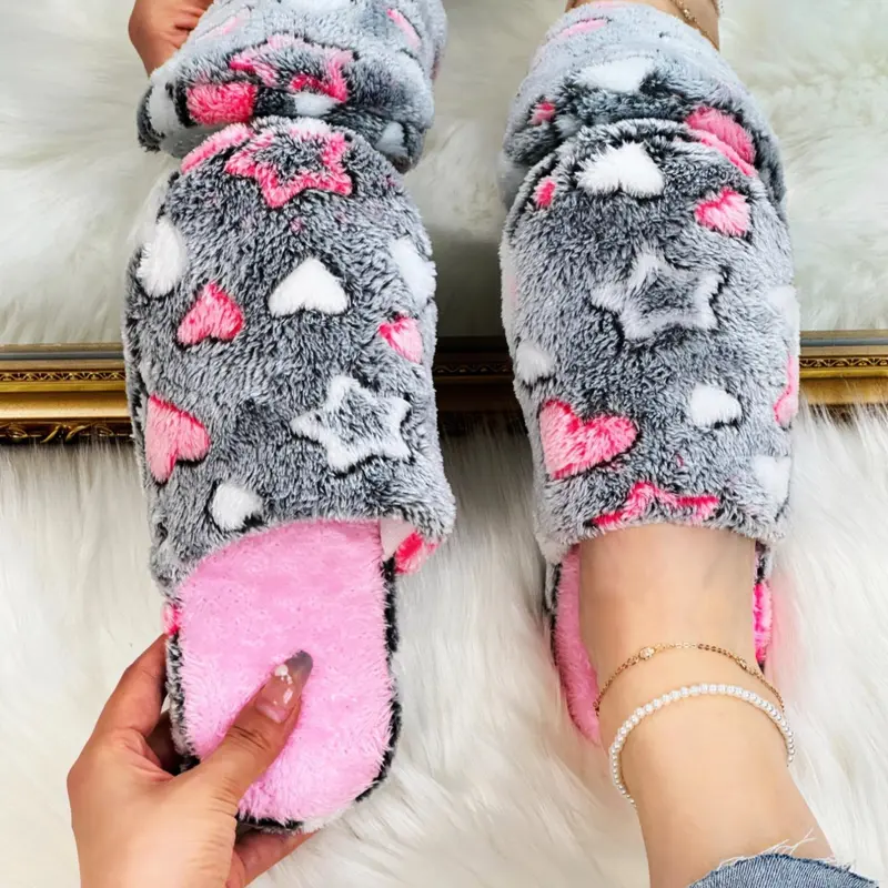 Women's Cute Cartoon Star & Heart Pattern Bedroom Slippers, Minimalist and Comfortable Indoor Bedroom Non-slip Slippers, Fluffy Warm Indoor Home Slippers, Valentine's Day Gift for Girls, Indoor Home Footwear