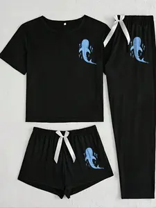 Women's Cartoon Cat Print Pajama Set, 3 Piece Sleepwear Loungewear Collection, Casual Fitted Nightwear for All Seasons