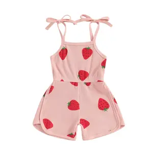 Canrulo Toddler Baby Girls Strawberry Print Sleeveless Halter Jumpsuit Ribbed Overalls Romper Boho Outfit Cute Summer Clothes