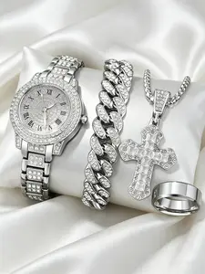 Silver Color Stainless Steel Watch Band Roman Design Quartz Watch, Cuban Link Bracelet, Cross Pendant Necklace, Unisex Fashion Watch Set
