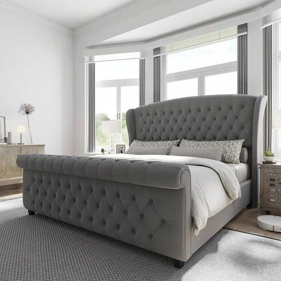 King Size Classic Artisan Style Velvet Upholstered Platform Sleigh Bed, Scroll Wingback Headboard & Footboard, Button Tufted Design, No Box Spring Required, Assembly Required, Contemporary Black Faux Leather Bed Frame, Chenille Fabric