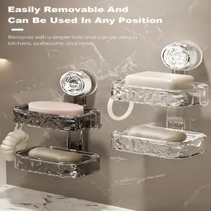 Single and double-layer soap trays with drainage holes and hooks, stylish plastic wall mounted soap trays with strong suction, easy to install, reusable and detachable, no drilling required, waterproof shower soap tray holder, Soap Dish Holder
