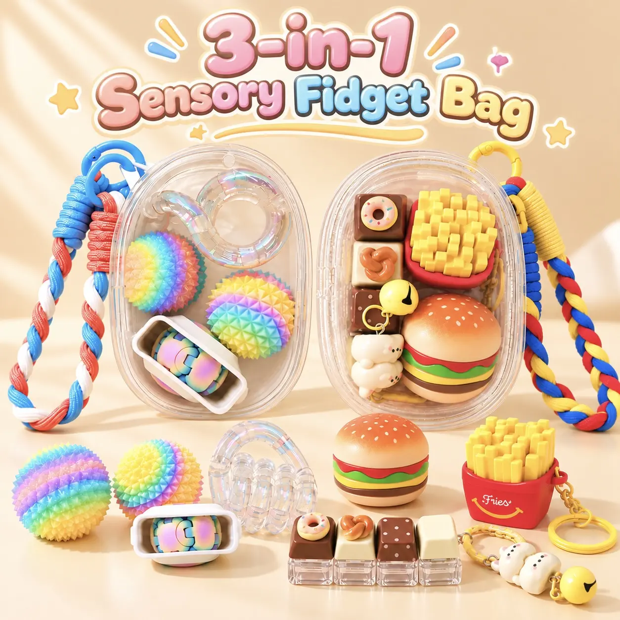 3-in-1 Fidget Bag, Portable Sensory Fidget Toys, Stress Relief Toys for Kids & Adults, Multi-Texture Fidget Kit, ADHD Focus Toy, Calming Sensory Toy Set, Travel Fidget Toy, Office Desk Toy, Cute Gift for All Ages
