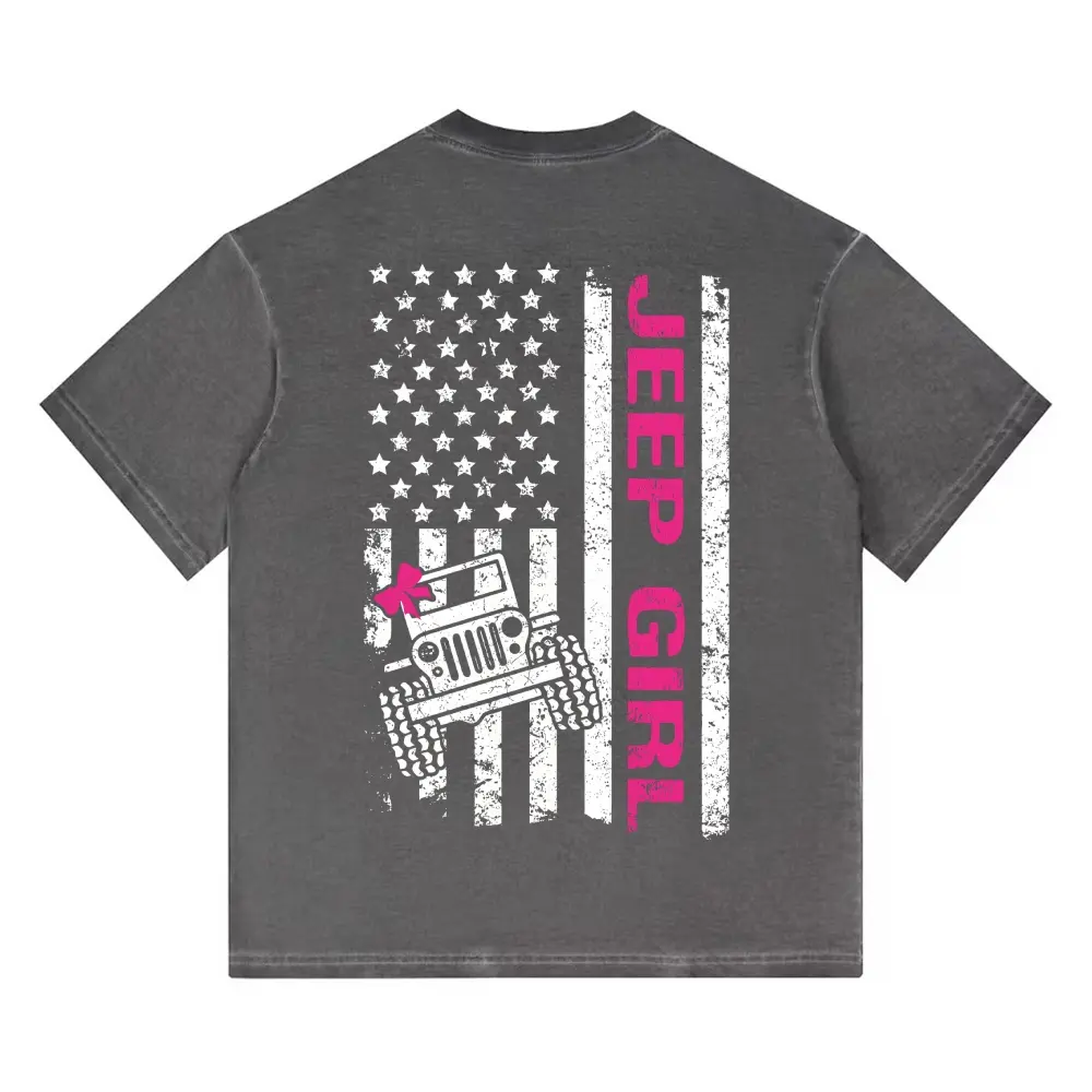 Women's Vintage Washed Short-Sleeve Jeep Girl Graphic T-Shirt - Loose-Fitting Super Soft Wash Off-Road American Flag Oversized Unisex Streetwear Casual Top, Shortsleeve, Tshirt, Relaxed Cut