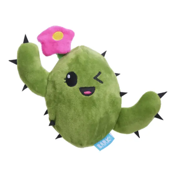 Consuela the Cactus Plush Toy with Pink Flower, Green Body, Black Spikes & Smiling Face