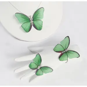 Sea Green Silk Butterflies 3 Pcs Set Necklace, Bracelet, Ring