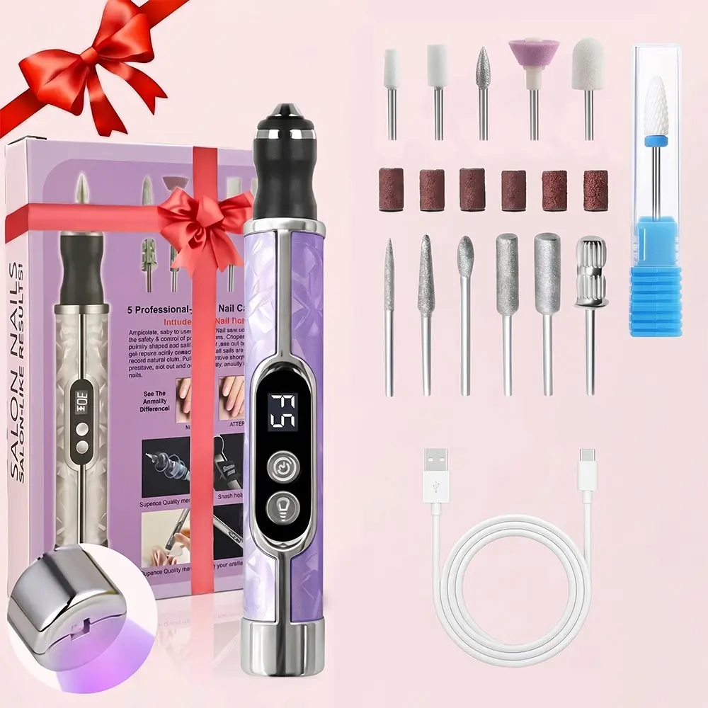2-in-1 Electric Nail File Kit, Includes Nail Lamp, Polisher, Digital Display, 12 Grinding Heads, 6 Sanding Discs, Professional Manicure Tools, Nail Care Tool, Nail Art, Nail Dryer, Nail Lamp Set, DIY Nail Kit