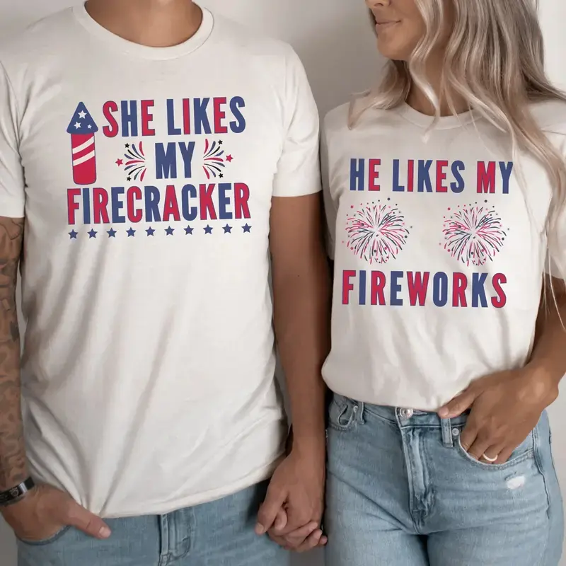 Matching 4th of July Couple Shirts, Patriotic USA Flag T-Shirts for Him and Her, Independence Day Matching Outfits, Red White Blue America Tee Set
