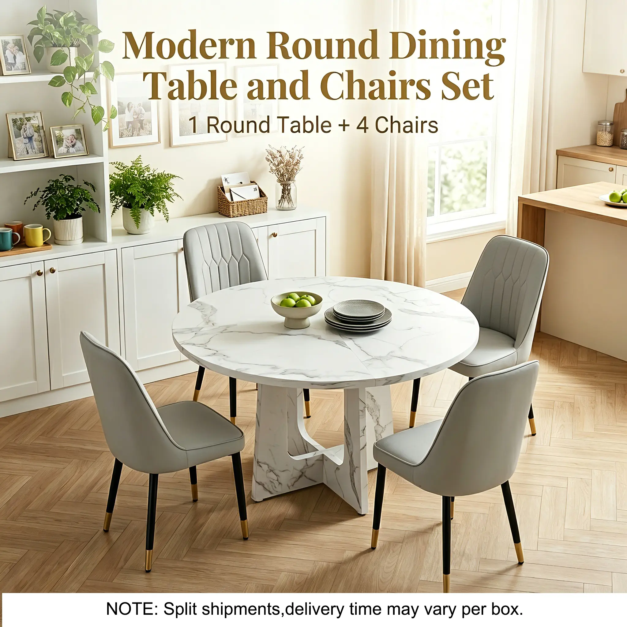 [2 Packages] 5-Piece Modern Dining Room Set for 4 - Round Kitchen Table with 4 Light Grey PU Chairs, Marble White MDF Top, 300lb Capacity, Easy Assembly, Furniture Set for Mini Apartment - Spiced White, Combo Kit Dining Room Furniture, Dining Room Sets, M